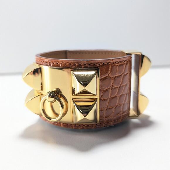 HERMES Collier de Chien Leather Orange/Gold Tone Bangle Bracelet Luxury Wrap